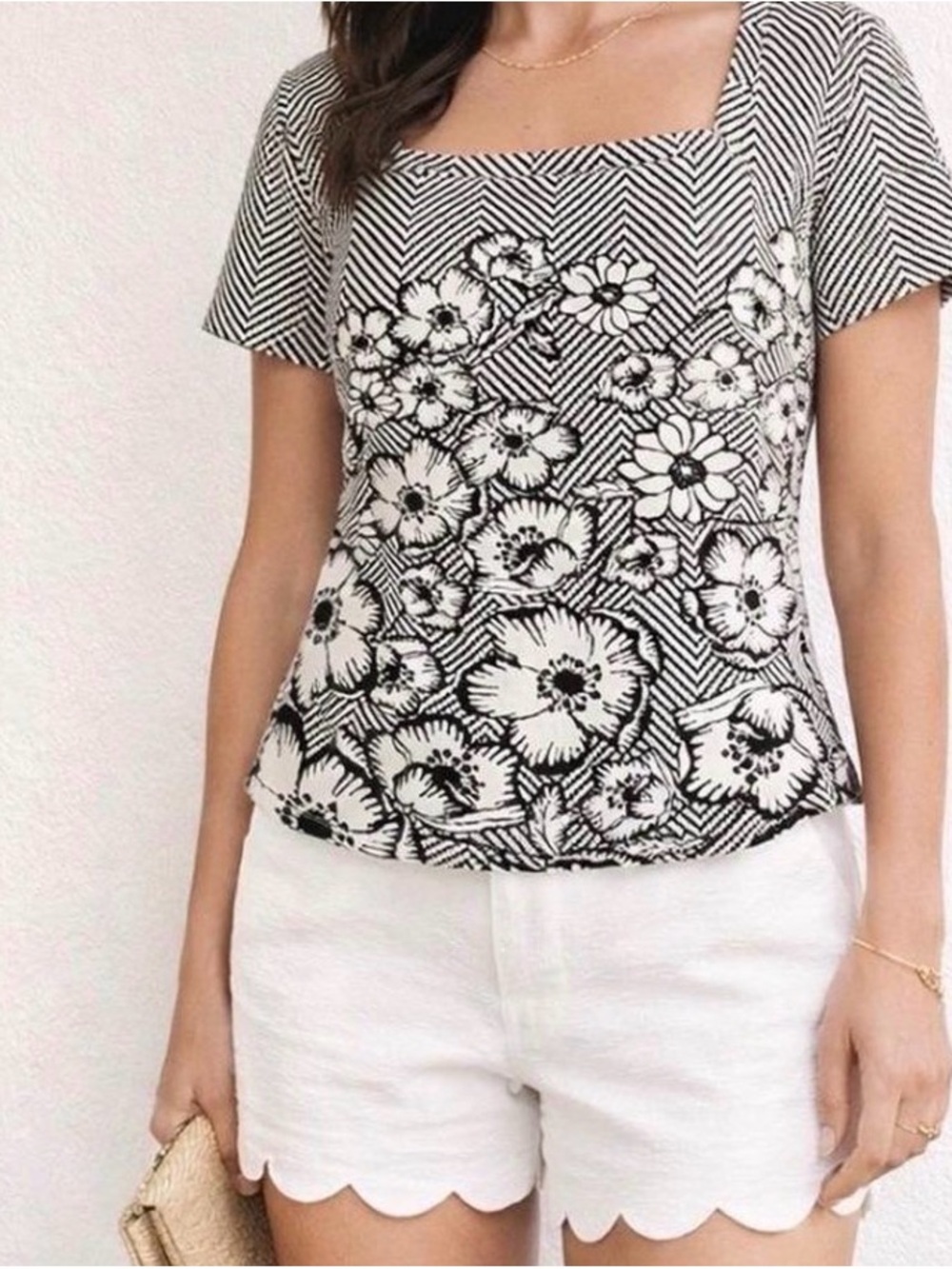 Anthropologie Black and White Square Neck Floral Blouse